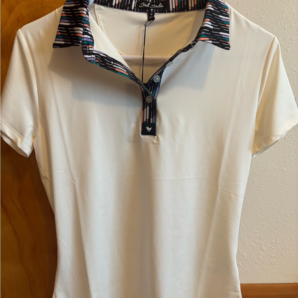 NWT Bad Birdie Women's White Button Down Shirt with Patterned Collar